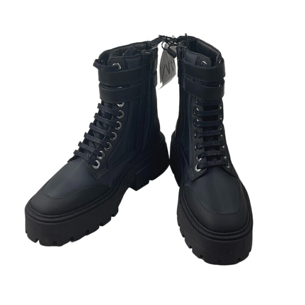 Zara Women Size 6.5 Black Qulited Nylon Lace Up Lug Chucky Combat NEW Boot Goth